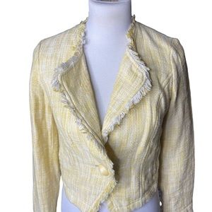 CAbi single button long sleeve tweed fringe trim blazer jacket yellow size small